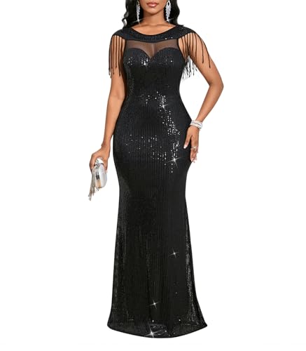 Image of Cololura Women Sexy Sequin Mesh Perspective Bodycon Party Cocktail Evening Gown Maxi Dress