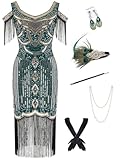 868A - Plus Size 1920s Vintage Fringed Gatsby Sequin Cold Shoulder Tassels Flapper Party Cocktail Dress with Accessories (Green Gold with Accs, 4X)