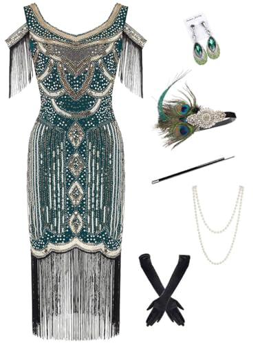 Image of 868A - Plus Size 1920s Vintage Fringed Gatsby Sequin Cold Shoulder Tassels Flapper Party Cocktail Dress with Accessories