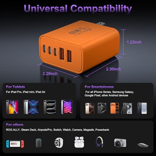 Image of USB C Fast Wall Charger Block, 3Pack 60W USBC Charging Cubes, 5-Port PD+QC Power Adapter Multiport Brick Type C Box Plug for Phone 17 /16 /15 /14 /13 /12 /11 /Pro Max /Plus, Pad Mini /Pro /S25 /S24-Orange