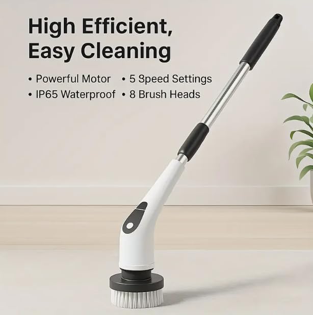 Image of HomeBeyond Electric Spin Scrubber, 5-Speed Power Spin Cleaner with 8 Replaceable Brush Heads, IPX7 Waterproof, Adjustable Extension Handle, Large Battery for Bathroom, Shower, Tile, and Floor Cleaning