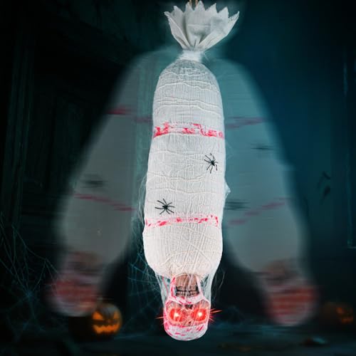 OWNONE 1 Scary Halloween Decorations,Halloween Decoration Outdoor Cocoon Corpse,Hanging Corpse Decorations Animatronics,Outdoor Sound Effects Dead Body Prop Indoor,Scream Lighted Eyes Prop Yard Tree