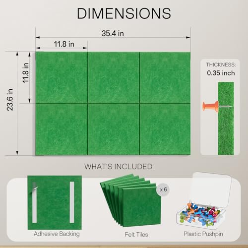 Image of MaxGear Felt Bulletin Board 36 inch x 24 inch, 6 Pack Emerald Green Felt Wall Tiles