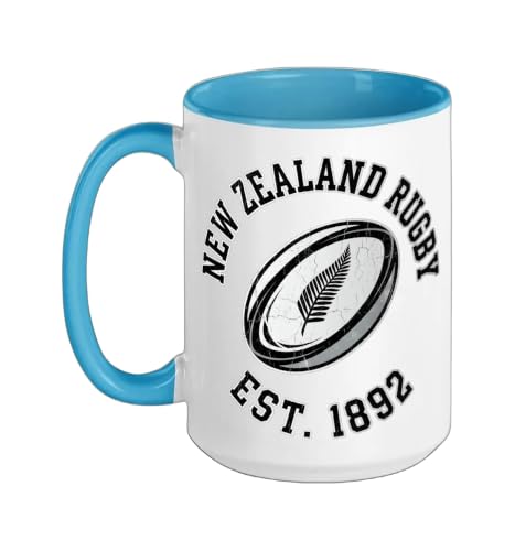 New Zealand Rugby Est 1892 Vintage Silver Fern Ball Design Ceramic Mug, Blue/White, 15oz