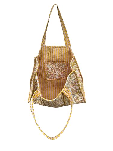 Image of Quilted Cotton Hand printed Reversible Large multicolor cotton Tote Bag,Indian Handmade Block Printed Tote Bag Women Handbag