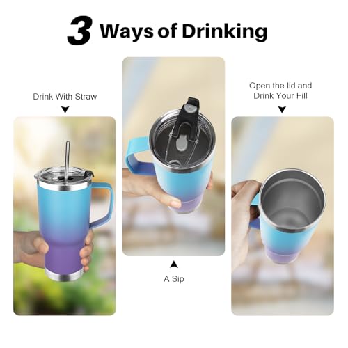 Image of 20 oz Tumbler with Handle, Stainless Steel Insulated Tumbler with Lid and Straw, Double Wall Vacuum Insulated Coffee Mug Tumbler, Insulated Coffee Thermal Cup for Cold and Hot(Blue Purple)