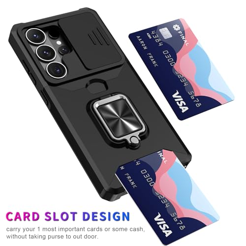 Image of LuxuryKase Shockproof Armor Case for Samsung Galaxy S26 Ultra | Slide Camera Cover | Hidden Card Slot | Rotating Ring Kickstand | Magnetic Car Mount Support | Military Grade Protection - Black