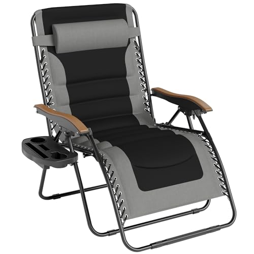 PHI VILLA XXL Oversized Padded Zero Gravity Chair, Foldable Patio Recliner, 30' Wide Seat Anti Gravity Lounger with Cup Holder, Support 400 LBS (Gray)