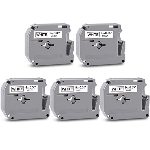 5x MarkField Cassette d'étiquette Compatible pour Brother PTouch Ruban MK-221 M-K221 MK221 MK221S pour Étiqueteuse PT-BB4 PT-55 PT-60 PT-65 PT-75 PT-80 PT-85 PT-100 PT-110, 9mm x 8m, Noir sur Blanc Cover