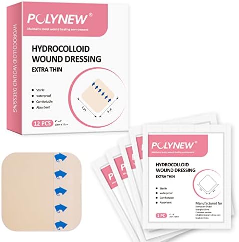 Polynew Thin Hydrocolloid Dressing 12 Pack Without Border 4" x 4" Hydrocolloid Patches, Adhesive Hydrocolloid Bandages, Wound Dressing