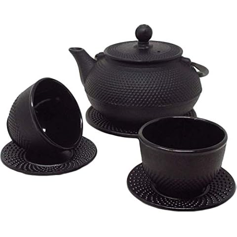 Vintage Gourmet ® Tetsubin Japanese Style Cast Iron Black Hobnail Teapot Set, Kettle 0.6L, Trivet, Cup & Saucer X 2 Cover