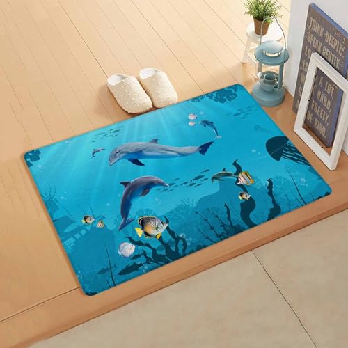 Dolphins Antifatigue Kitchen Bath Door Mat Cushioned Runner Rug,Washable Welcome Floor Sink Mat,Waterproof & Non-Slip Standing Doormat for Kitchen,Ocean Sea Coastal Fish Nautical Sailboat 18