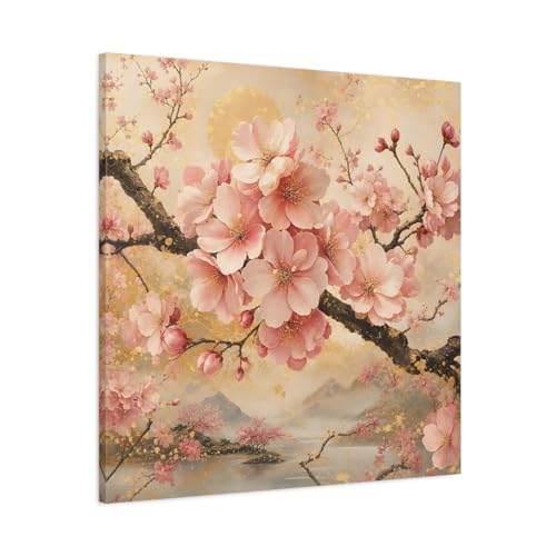 Tableau fleurs de cerisier rose au-dessus du canapé pour salon zen