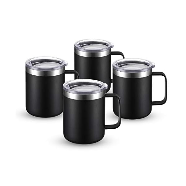 CIVAGO Taza de café de acero inoxidable con asa, vaso aislado al vacío de doble pared de 12 onzas con tapa, apto para viajes (negro, paquete de 4)