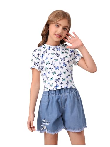 Image of RoseSeek Girl's 3 Packs Graphic Tees Butterfly Embroidery Short Sleeve T Shirt Crewneck Slim Fit Tops