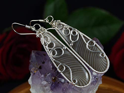 Sterling Silver earrings with Striped flint wire wrapped gift for her gift for mom perfect present artisan handcrafted jewelry for women