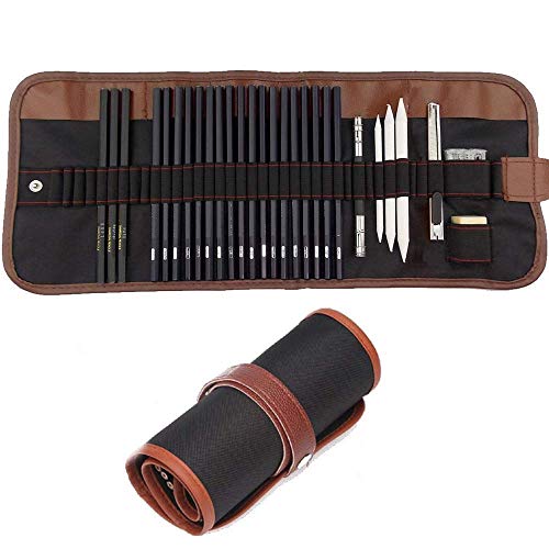 Angel Bear 29 Pieces Professional Sketching & Drawing Art Tool Kit with Graphite Pencils, Charcoal Pencils, Paper Erasable Pen, Craft Knife-Lightwish (with Canvas Rolling Pouch)