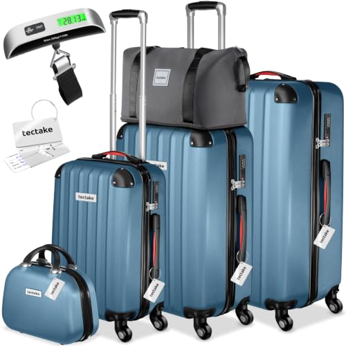 tectake® Juego de 4 Maletas Rígidas con Báscula y Etiquetas de Equipaje, 3 Trolleys, 1 Neceser y 1 Bolsa de Viaje, Set de Maletas de Viaje con Ruedas de 360º, Cerradura de Combinación - Azul