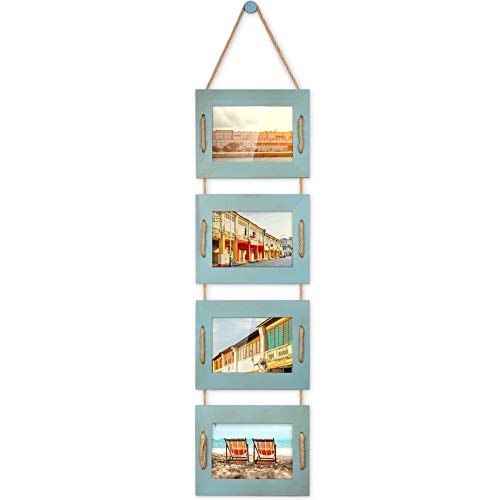 DLQuarts 5x7 Hanging Picture Frames Collage Wall Decor, 4-Opening 5x7 Matted to 3.5x5 Photo Rustic Wood Frame with Hemp Rope, 1 Pack, Ocean Blue