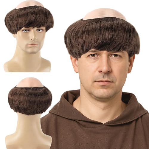 GWAWG Brown Monk Wig Short Straight Hair with Hairnet, Funny