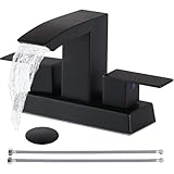 Friho Waterfall Matte Black Bathroom Faucet 3 Hole, 4 Inch 2 Handle Centerset Sink Faucet for Lavatory RV Vanity with Square Spout, Pop up Drain and Water Hoses.