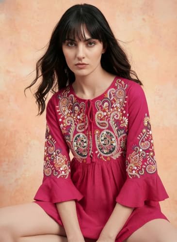 Image of Bee M Pee Designer Women's Short Kurti Navy Embroidered Viscose Rayon Tunic Tops