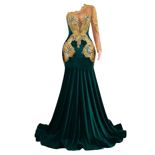 Engerla Mermaid Prom Dress Gold Applique Velvet One Sleeve Evening Dress Celebrity Party Gowns Church Train