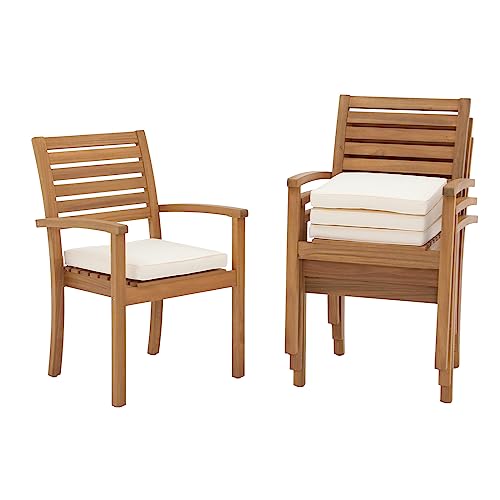 OC Orange-Casual Stackable Patio Dining Chairs Set of 4, Outdoor Acacia Wooden Chairs w/Armrest & Removeable Fabric Cushion, for Porch, Backyard, Garden, Indoor, Beige