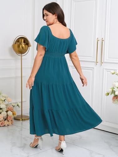 Image of SCOMCHIC Womens Plus Size Maxi Dress Formal Short Sleeve Square Neck Smocked Side Split Flowy A Line Tiered Long Dress