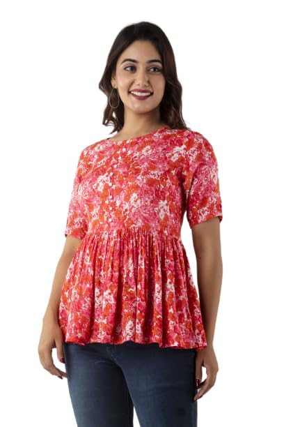 Madnoo Women's Red Floral Printed Short Sleeve Top