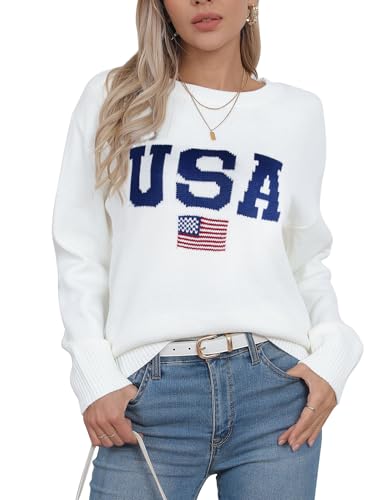 Image of Womens American Flag Sweater Crew Neck Casual Pullover Sweater