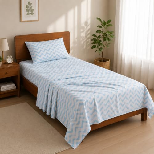 Image of LANE LINEN 100% Organic Cotton Bedsheet for Single Bed - Chevron Cool Blue | GOTS Certified, Percale Weave, 60x90 inches, Soft & Breathable, Machine Washable, Includes 1 Pillow Cover