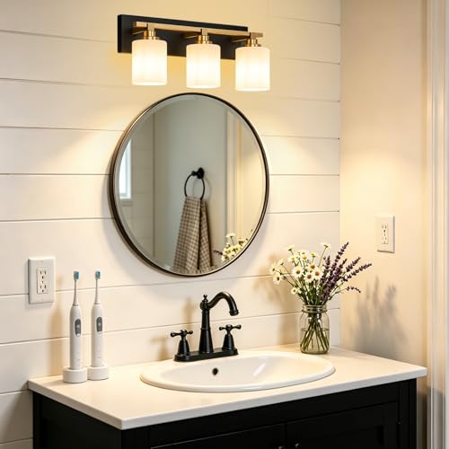 Image of Modern Bathroom Lighting Fixtures Over Mirror, Vanity Lights for Bathroom, Wall Sconces with Milky White Glass Shades, E26 Ceramic Socket, 3-Light 20-inch Black and Gold