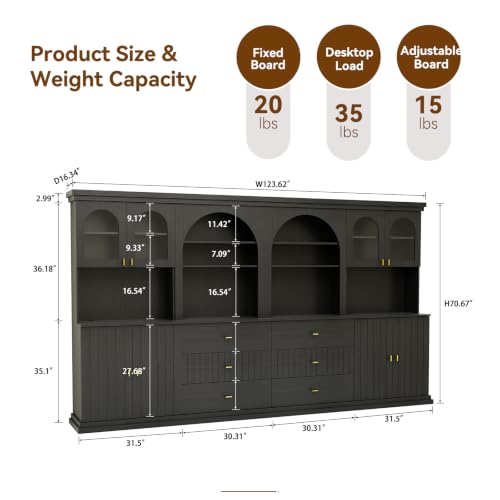 Image of ivaniti 71 inch Arched Kitchen Pantry Cabinet Set of 4, Black Freestanding Storage Hutch Combination with 2 Glass-Door Coffee Bar Cabinets and 2 Three-Drawer Open Shelf Cabinets for Kitchen