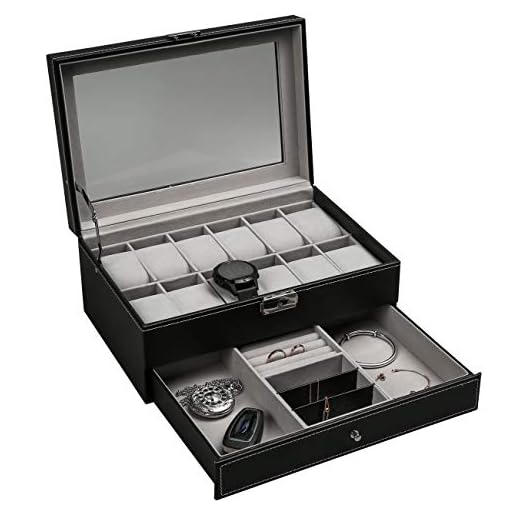 Ogrmar Glass, Faux Leather Watch Storage Boxes, Black