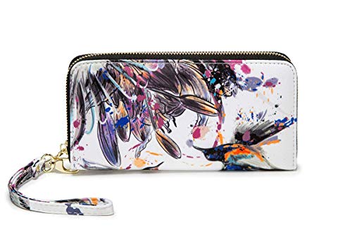 LOVESHE Women wallet RFID Blocking Purse Credit Card Clutch Zip Around Phone Clutch Large Travel Purse Wristlet Bohemian(20-Hummingbird)