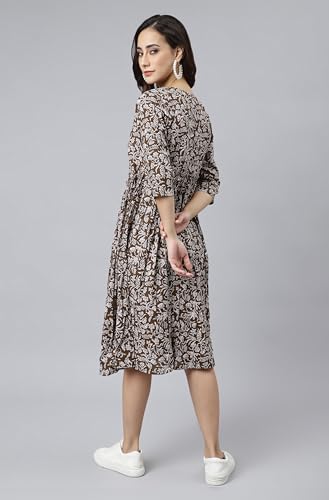 Image of Janasya Women's Cotton Floral Print Angrakha Dress