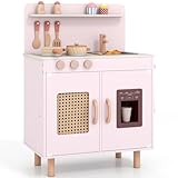 Maxmass Kids Toy Kitchen, Wooden Toddler Role Play Kitchen with Ice Maker, Dual Stoves, Sink, Complete Accessories, Children Pretend Kitchens Cooking Playset for 3+ Years Old Boys Girls (Pink)