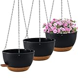 10 inch Hanging Planters for Indoor Plants, 3 Pack Self-Watering Hanging Planter Pots with Chain and Drainage Holes, Outdoor Hanging Baskets for Garden Home Decor (Black With Brown, 3pcs/10inch)