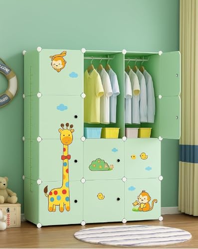 Image of 12 Door Plastic Wardrobe for Kids - Cupboard for Clothes Storage Rack, Almirah for Clothes, Baby Collapsible Wardrobe, Multi-Purpose Kids Storage Organizer for Books,Toy (Green-L4, 12-Door)