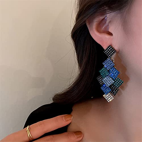 Taufe Long Tassel Geometric Square Crystal Drop Earrings For Women Multicolor Rhinestone Dangle Earrings Travel Party Jewelry Pearl Hoop Earrings (Color : Green) #TOP6