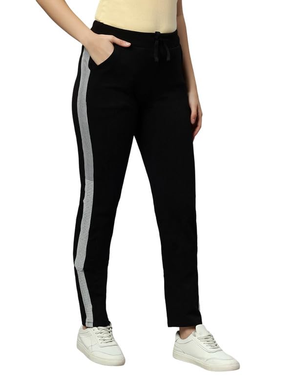Image of Women's Cotton Regular Fit Mid-Rise Solid Black Track Pant with Stretchable,Two Side Pockets
