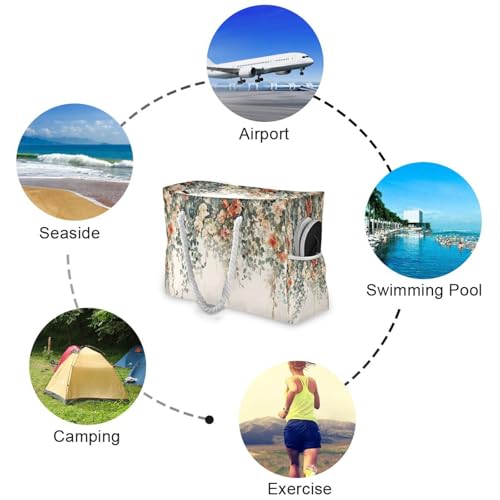 Wildflower Beach Bag with Top Zipper Closure, Waterproof Pool Bag, Large Beach Tote for Women#5444