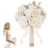 Qeedy Wedding Bouquets for Bride - Realistic Silk Flowers Artificial Roses, 9 Inch Bridesmaid Bouquet for Ceremony, Church, Anniversary, and Home Decoration (White & Champagne)