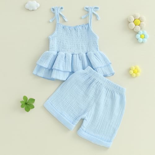 Toddler Girls Summer Clothes Tie-Up Smocked Camisole Ruffle T Shirt Top Shorts Clothing Set Beach Essential3