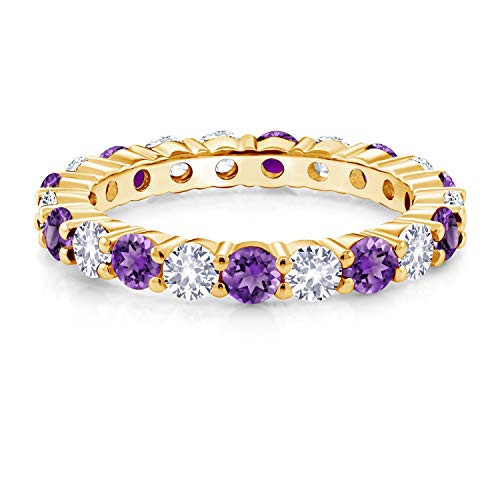 Gem Stone King Purple Amethyst and White Created Sapphire 18K Yellow Gold Plated Silver Women Eternity Band Ring (2.30 Cttw Round Cut, Available in size 5, 6, 7, 8, 9)2