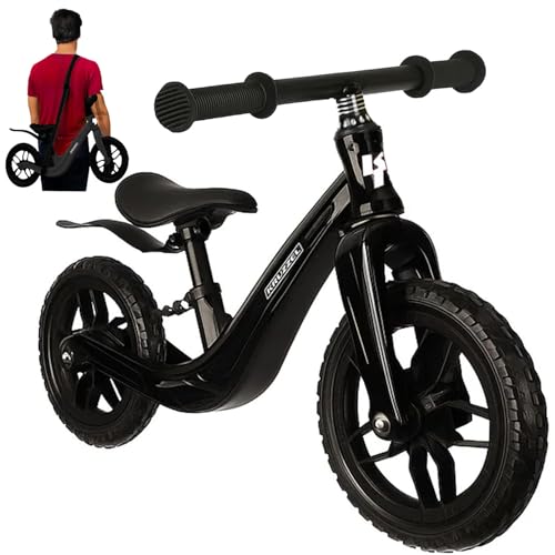 KRUZZEL Lauflernrad Kinder ab 2 Jahren – Ultraleichtes Magnesiumrahmen Fahrrad 12 Zoll Eva Räder mit Schultergurt – Höhenverstellbarer Sattel – Geschenkidee – Schwarz