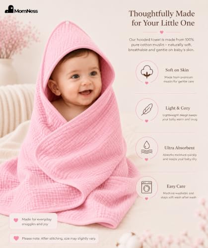 Image of Baby Hooded Bath Towel 100% Cotton Muslin 76x76 cm, 0-3Y, Newborn | 4-Layer Crinkle Fabric, Ultra Absorbent, For Ages 0-3Y