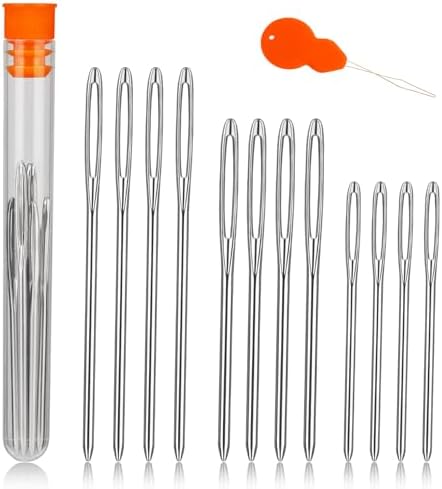 TLKKUE 12 Pcs/3 Sizes Large-Eye Blunt Needles, Stainless Steel Yarn Needle with Needle Threader, Tapestry Needle for Sewing Crochet Knitting Embroidery (Silver)