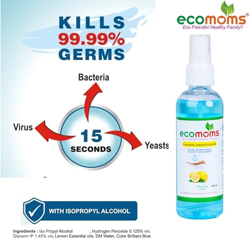 Image of Ecomoms Hand Sanitizer 100ml 99.99% Effective Against Germs -75% Alcohol | Skin Friendly and Safe for Kids | Instant Germ-Free Protection (100ml, Pack of 16) (Pack of 16)